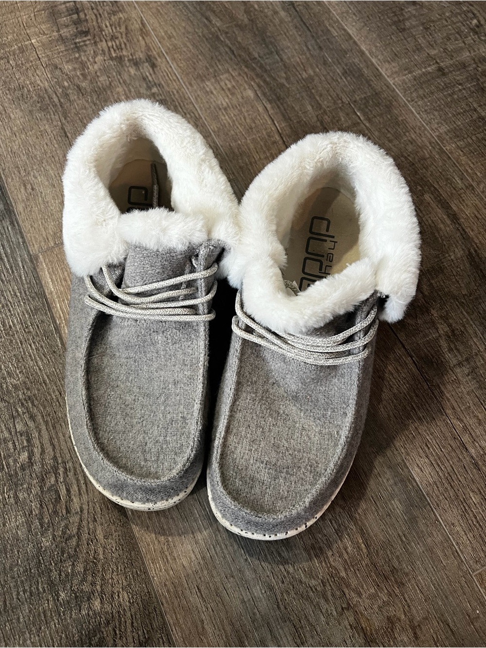 Hey Dude Women's Gray Moccasin Slippers with Cream Fur Lining